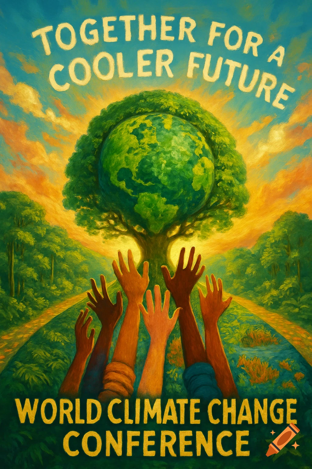 Painterly poster for World Climate Change Conference. Features a tree globe, hands reaching up, and text: 'Together for a Cooler Future'.