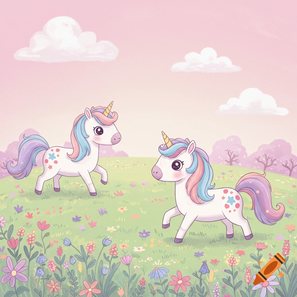 Two pastel cartoon unicorns stand in a field of colorful flowers under a pink sky with fluffy clouds.