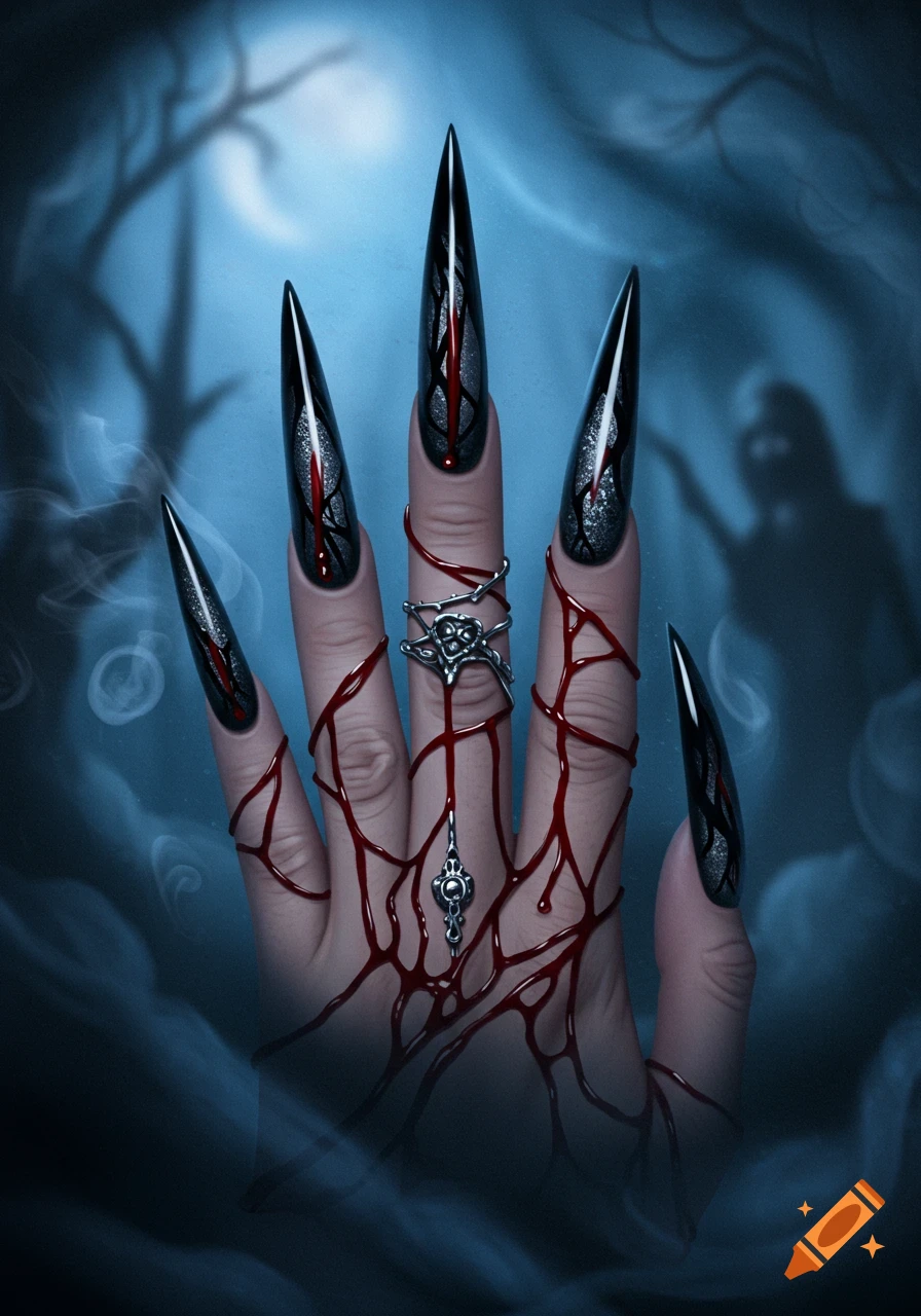 A hand with long, sharp, black and silver glittered nails, adorned with red blood-like streaks and gothic rings, against a dark, foggy, moonlit background.