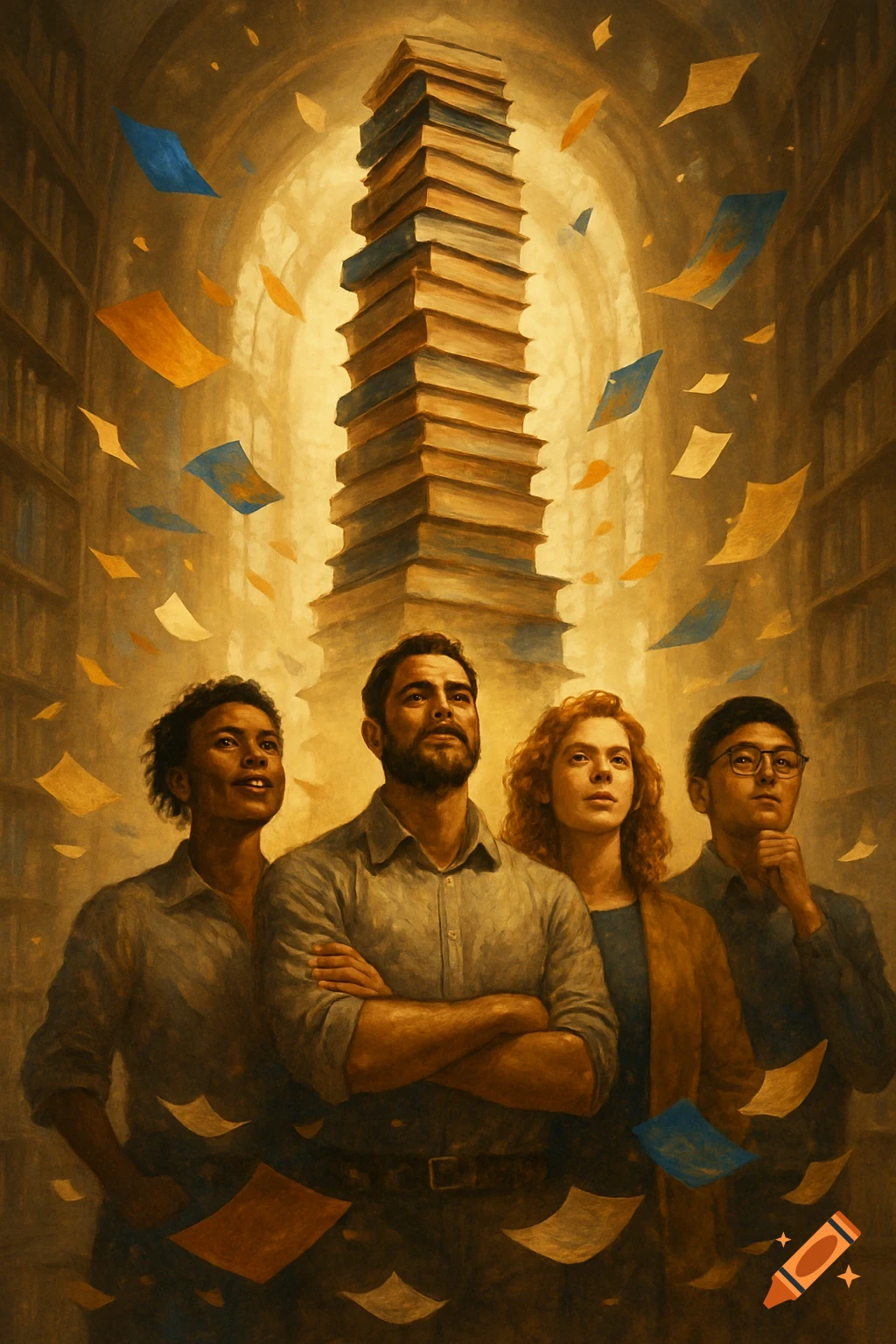 Four diverse individuals look up at a towering stack of books with flying papers in a grand, warmly lit library, in a painterly style.
