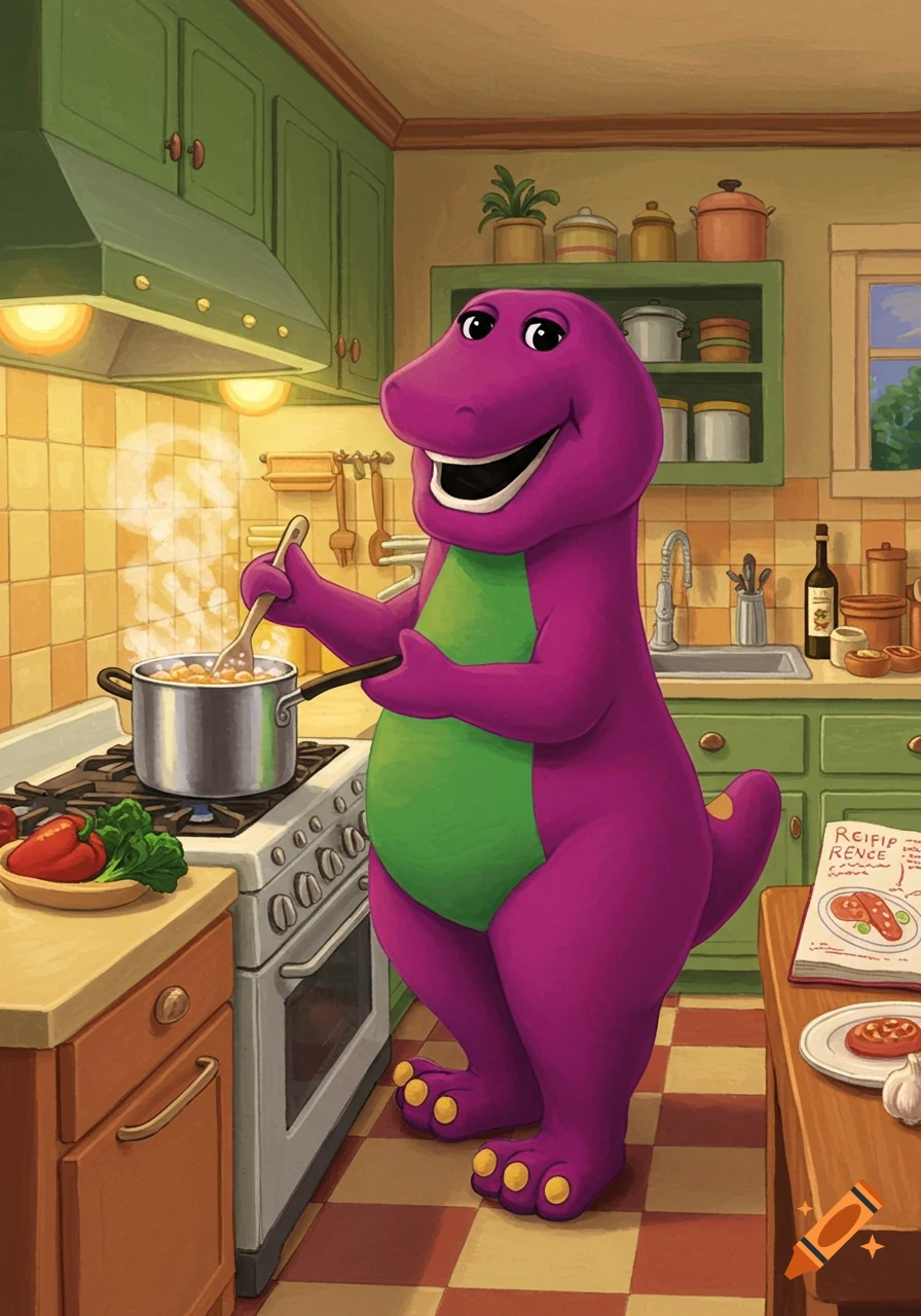 A cartoon illustration of Barney the purple dinosaur happily cooking in a green kitchen, stirring a pot on the stove.