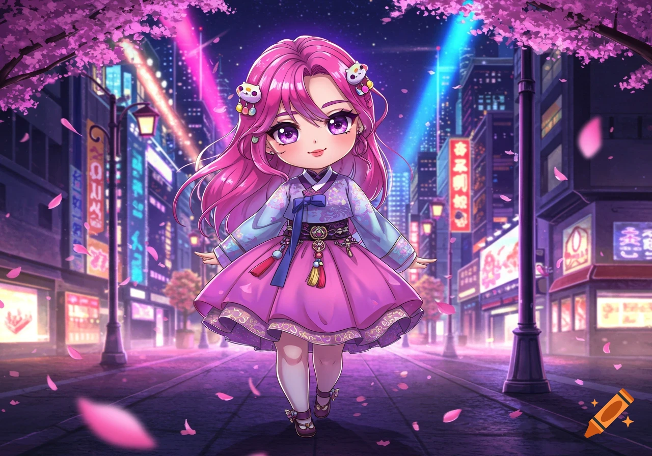 An anime chibi girl with pink hair in a hanbok walks down a cherry blossom-lined city street at night.