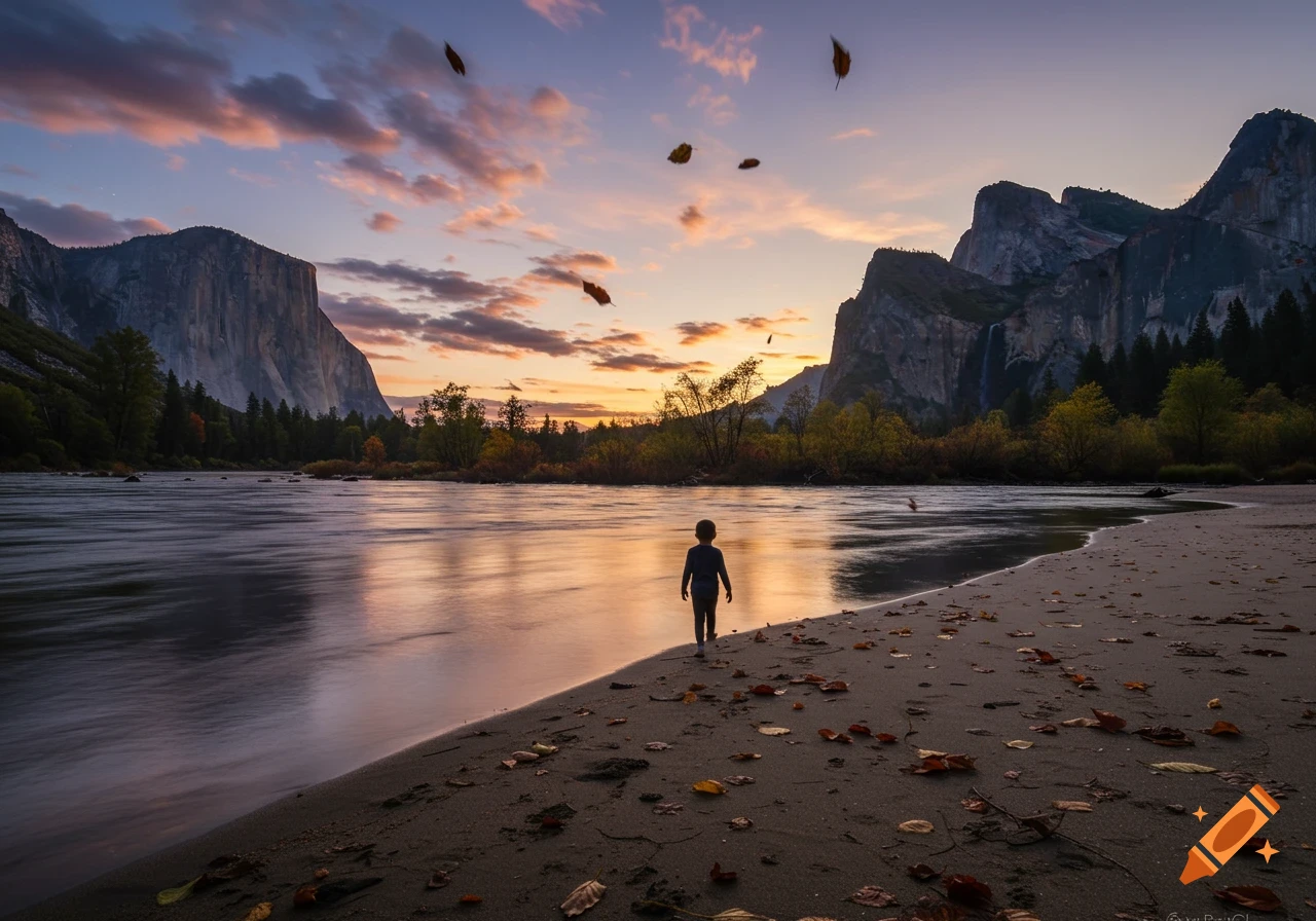 A child stands on a sandy riverbank at sunset, looking at a wide river framed by mountains and forests, with falling autumn leaves.