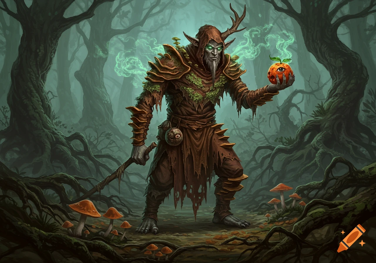 A brooding firbolg druid in tattered robes stands in a misty, gnarled forest, holding a rotten orange with a glowing eye.