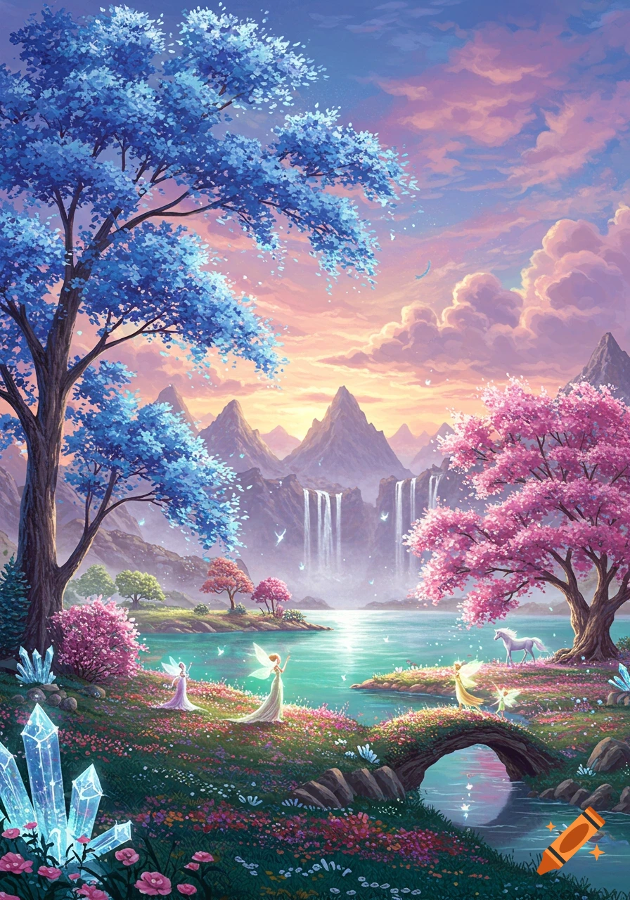 A vibrant fantasy landscape with fairies, a unicorn, colorful blue and pink trees, glowing crystals, a lake, and waterfalls under a pastel sky. Digital art style.