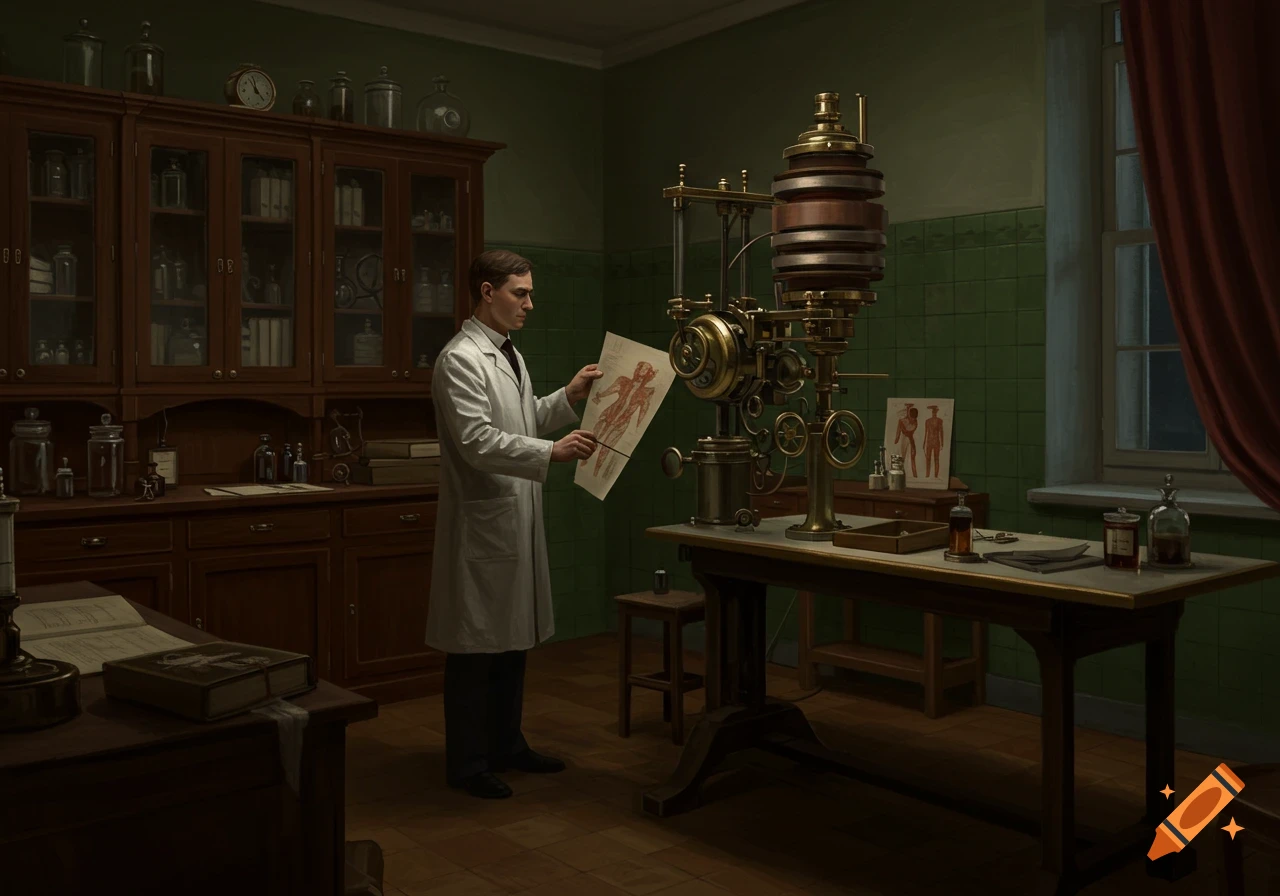 A doctor in a white lab coat holds an anatomical chart in a dimly lit 1900s medical laboratory with a large, ornate brass machine.