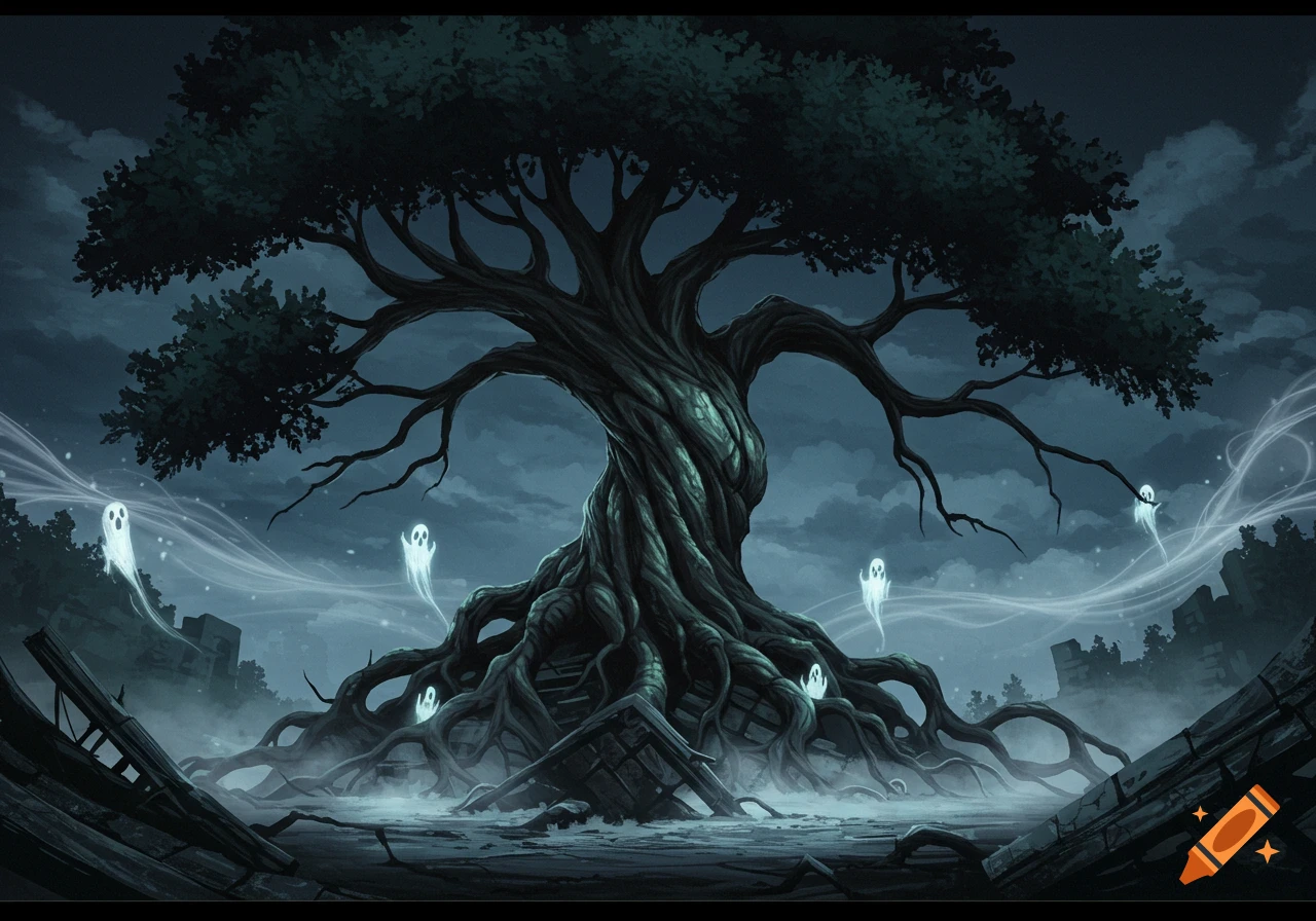 Dark fantasy art of a gnarled, twisted tree with glowing ghosts floating around it in a desolate, ruined landscape under a cloudy night sky.