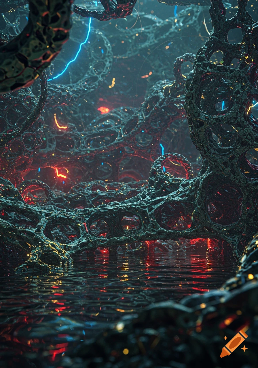 A dark, abstract scene with intricate, organic-looking structures glowing with red, blue, and yellow light, reflected in still water.