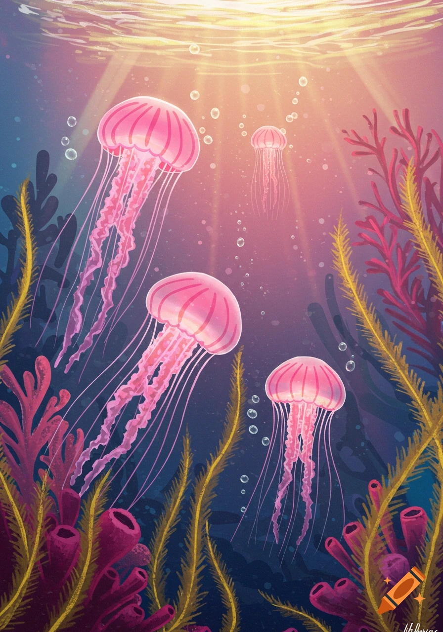 Vibrant illustration of pink jellyfish swimming in sunlit water among red coral and green seaweed.