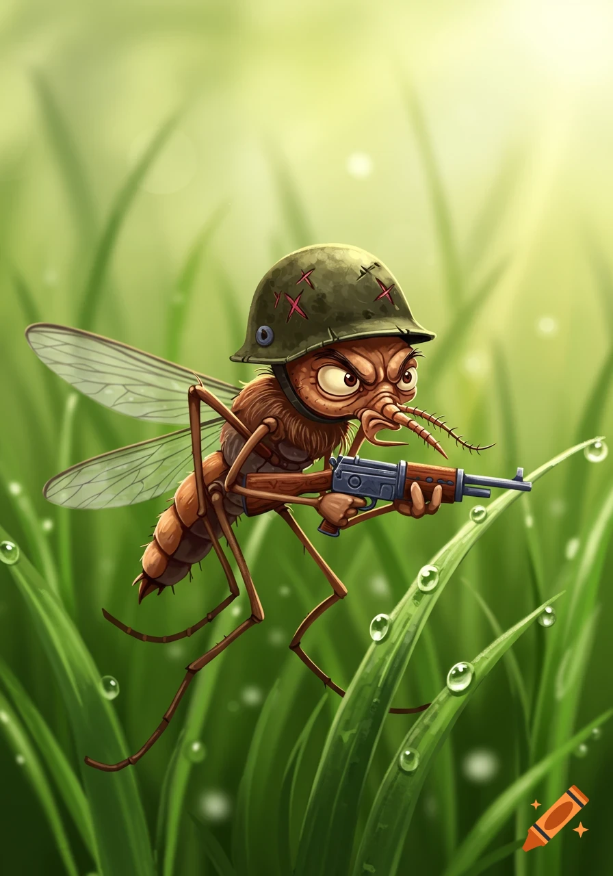 A cartoon mosquito in a military helmet holding a rifle stands in green grass with dew drops.