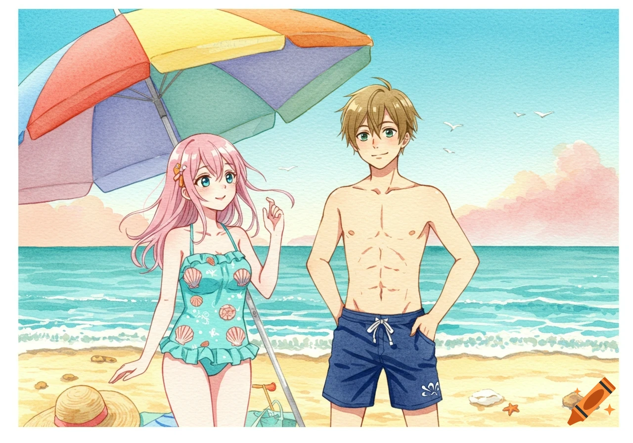 Watercolor anime illustration of a boy and girl in swimsuits standing on a sandy beach under a colorful umbrella.