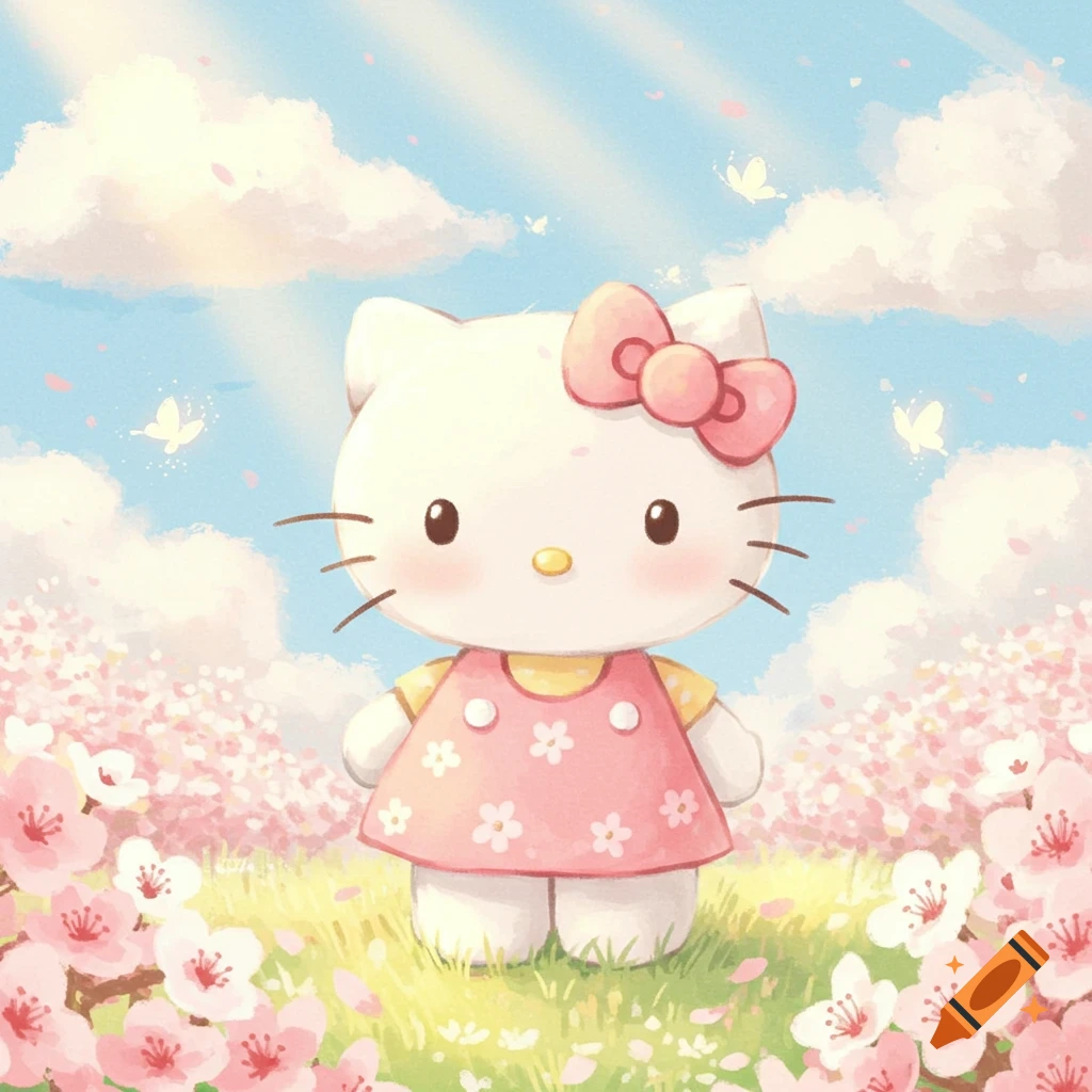 Cute illustration of Hello Kitty in a pink dress standing in a field of cherry blossoms under a blue sky with clouds and butterflies.