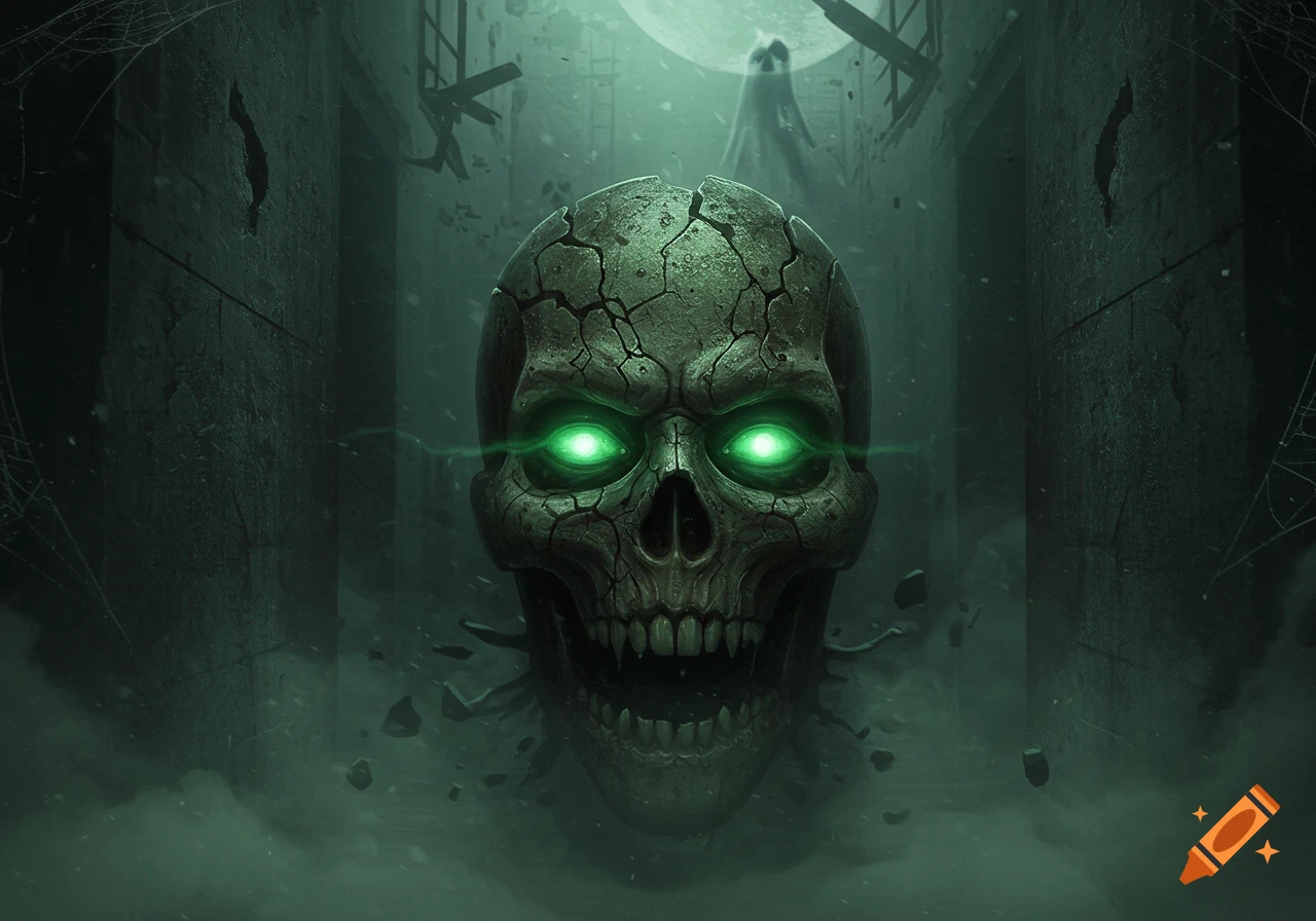 A cracked skull with glowing green eyes emerges from the fog in a dark, ruined hallway, with a ghost and full moon in the background.