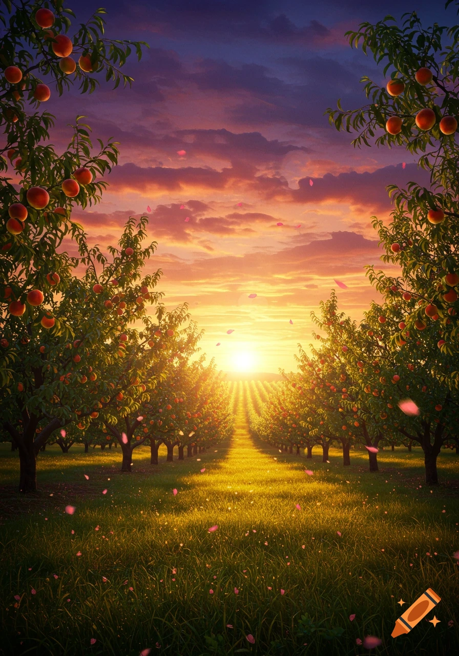 A vibrant peach orchard at sunset, with rows of trees laden with fruit, golden sunlight, and pink petals falling.