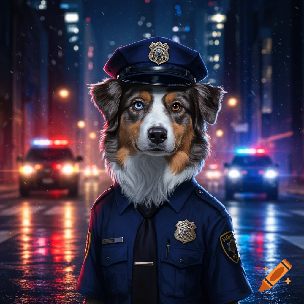 An Australian Shepherd dog dressed as a police officer stands on a wet city street at night, with blurred police cars in the background.