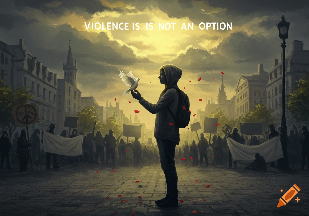 Digital painting of a person holding a white dove amidst a city protest, text 'VIOLENCE IS NOT AN OPTION' at top.
