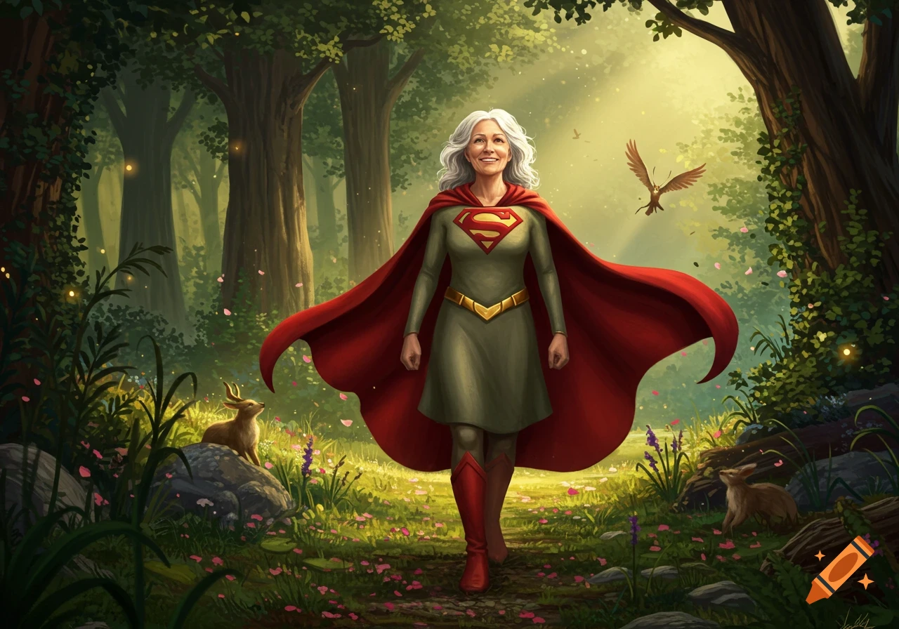 A smiling older woman dressed as a superhero with a red cape and an S-shield emblem walks through a sunlit, enchanted forest with deer and birds.
