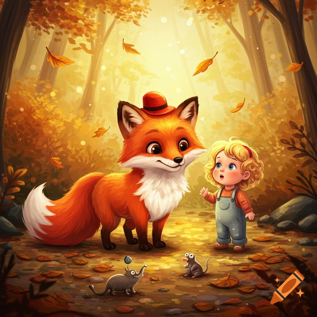 A cute red fox in a red hat and a small blonde toddler girl in overalls interact in a sunny autumn forest with falling leaves and whimsical creatures, in a children's illustration style.
