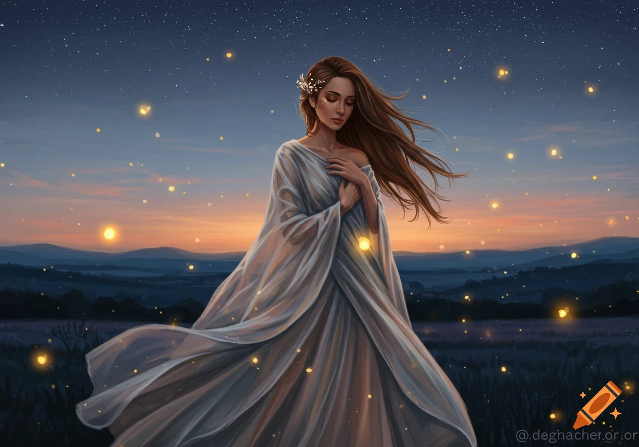 An ethereal woman with flowing hair and sheer gown stands in a twilight landscape with glowing orbs, sunset colors in the sky.