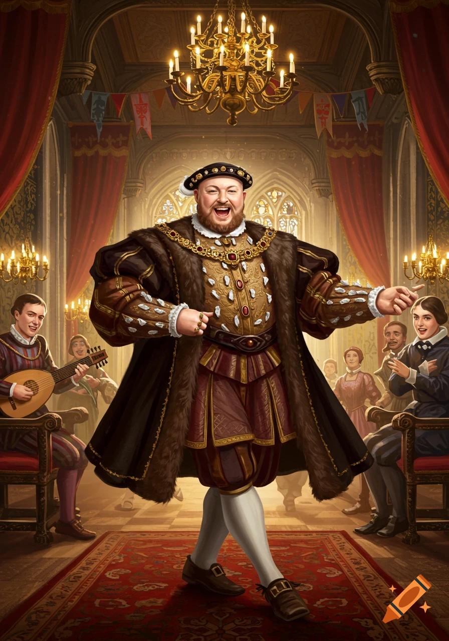 A vibrant painting of King Henry VIII, in rich robes and a fur cloak, dancing with a wide grin in a grand hall with musicians and guests.
