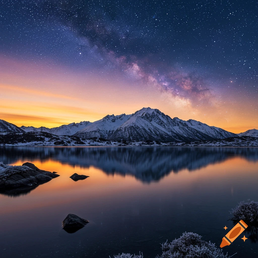 Snow-capped mountains reflect in a calm lake under a vibrant sunset sky and the Milky Way.