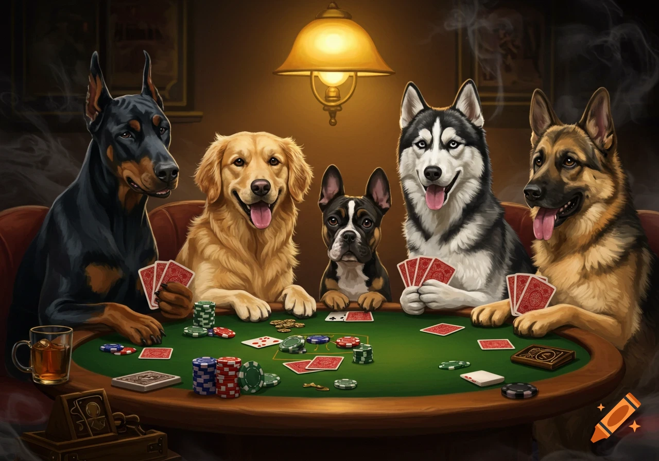 A digital painting of five different dog breeds playing poker at a green table with cards, chips, and a drink.