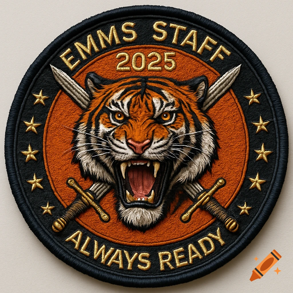 Round embroidered military patch with a roaring tiger head, crossed swords, stars, and text 'EMMS STAFF 2025 ALWAYS READY'.