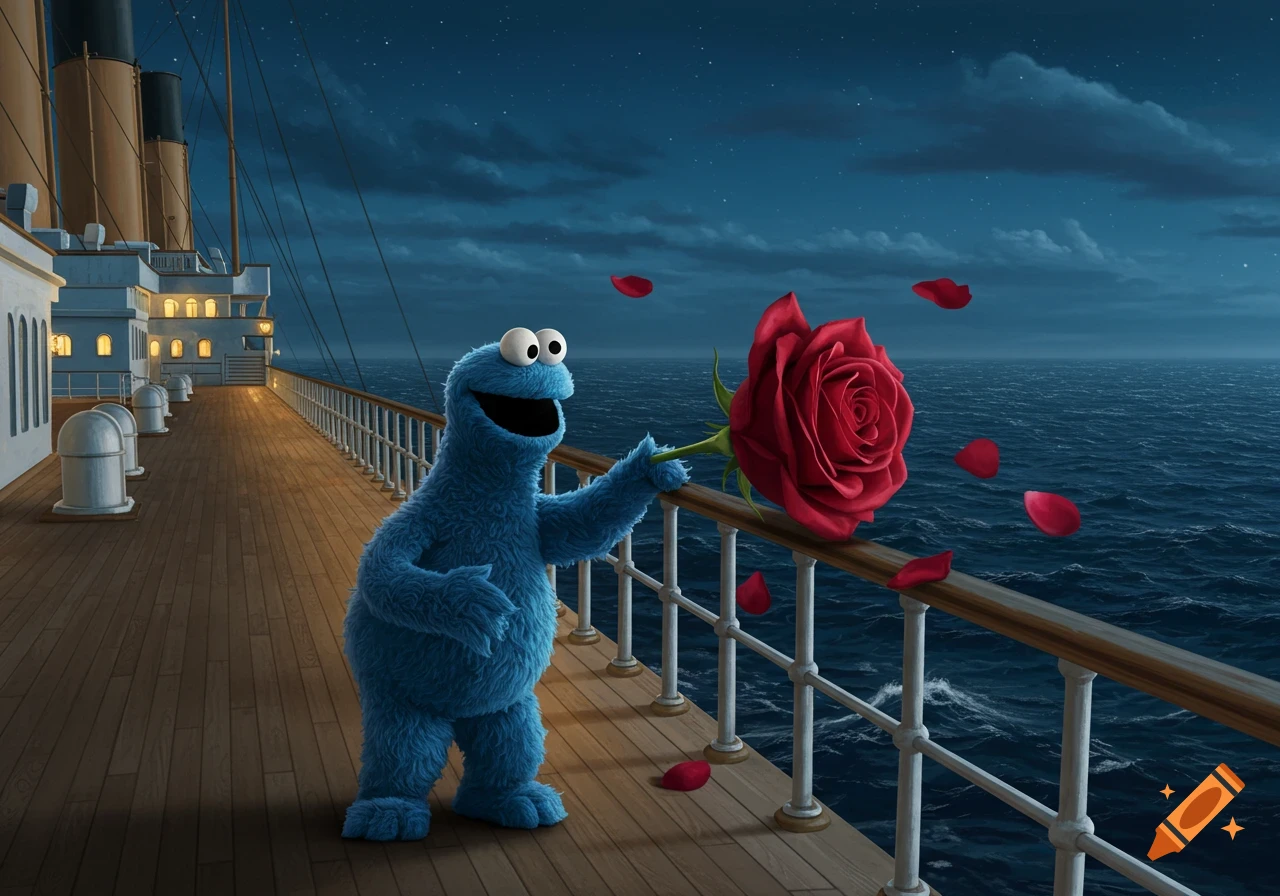 Cookie Monster holds a red rose on the deck of a grand ship at sea under a starry night sky.
