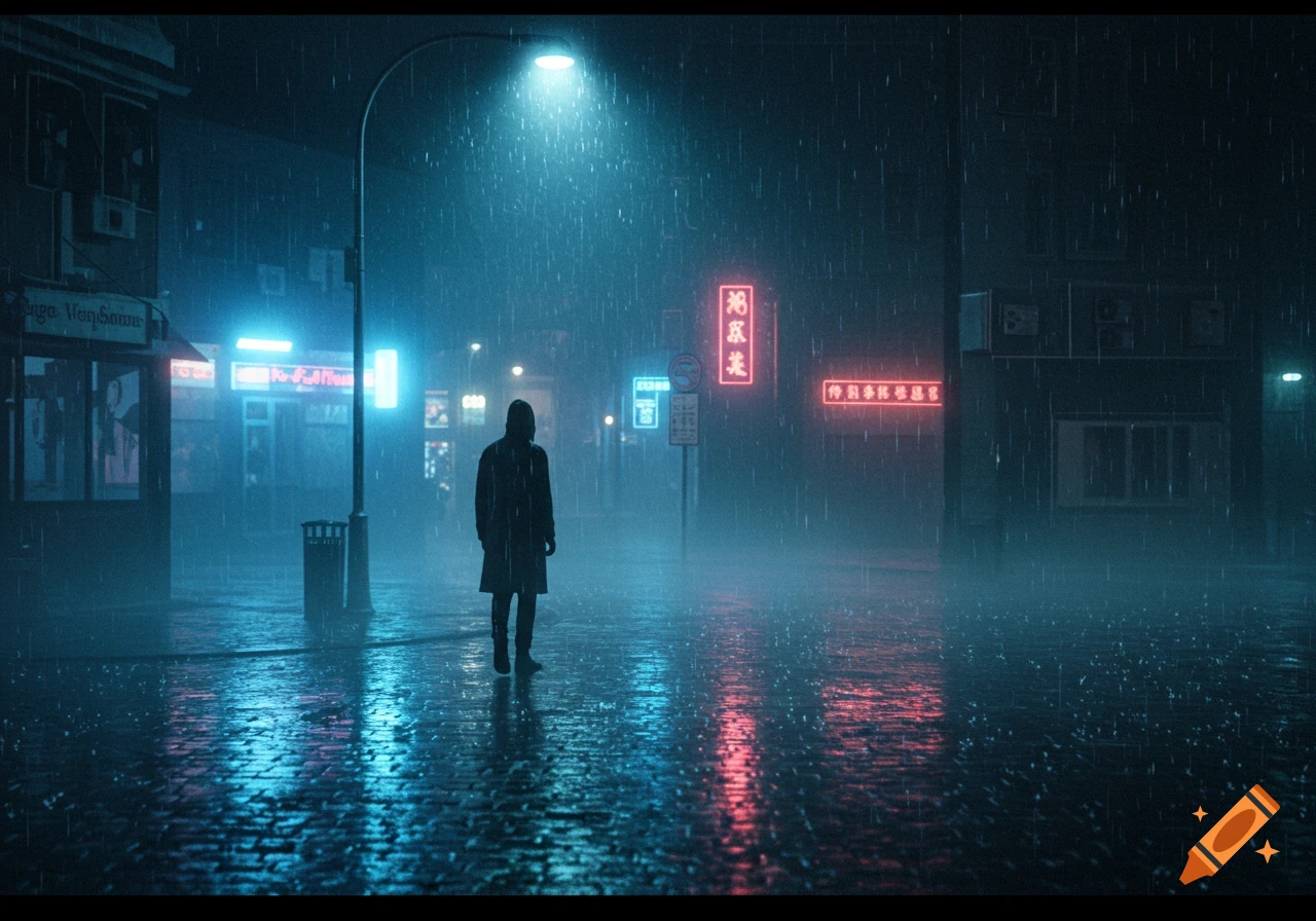 A lone figure walks down a dark, rainy city street under a streetlamp, illuminated by neon signs reflecting on the wet pavement, in a cyberpunk style.