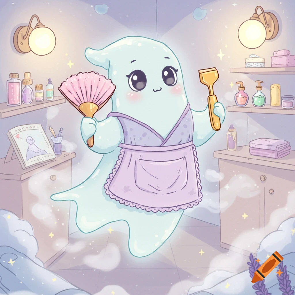 A cute cartoon ghost esthetician floats in a pastel spa room, holding a pink fan brush and a golden wax applicator.