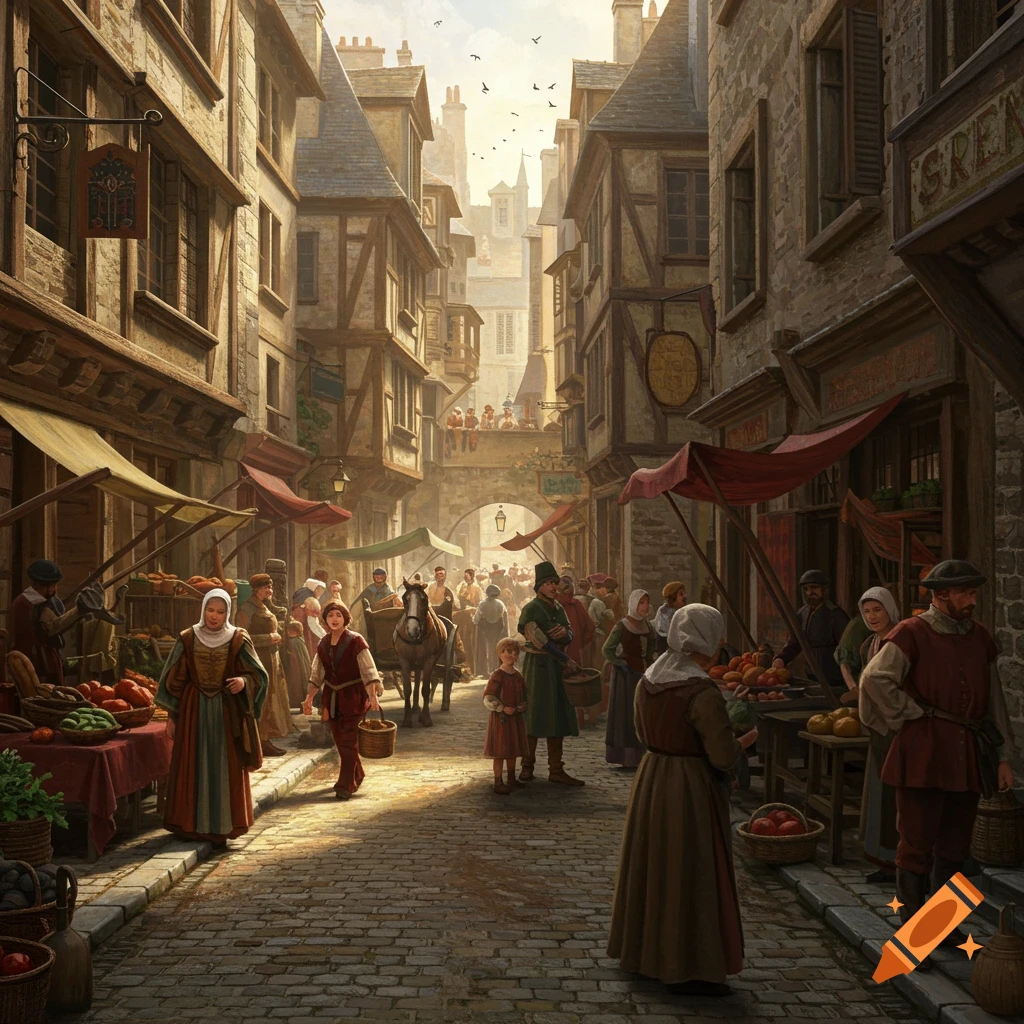 A bustling 14th-century medieval street market scene in Paris, with narrow timber-framed buildings, many people, and stalls selling goods under a bright sky.
