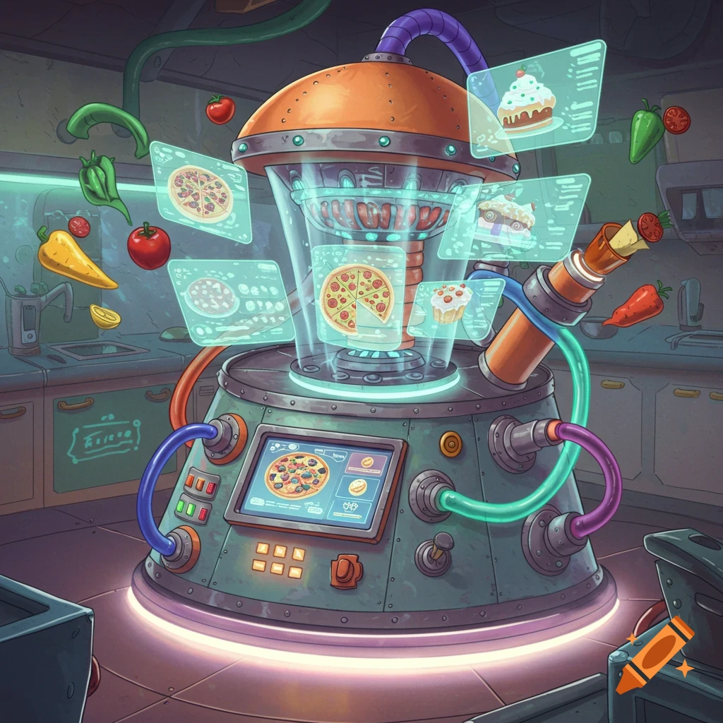 Cartoon illustration of a futuristic food machine in a kitchen, displaying holographic menus of pizza and cupcakes.