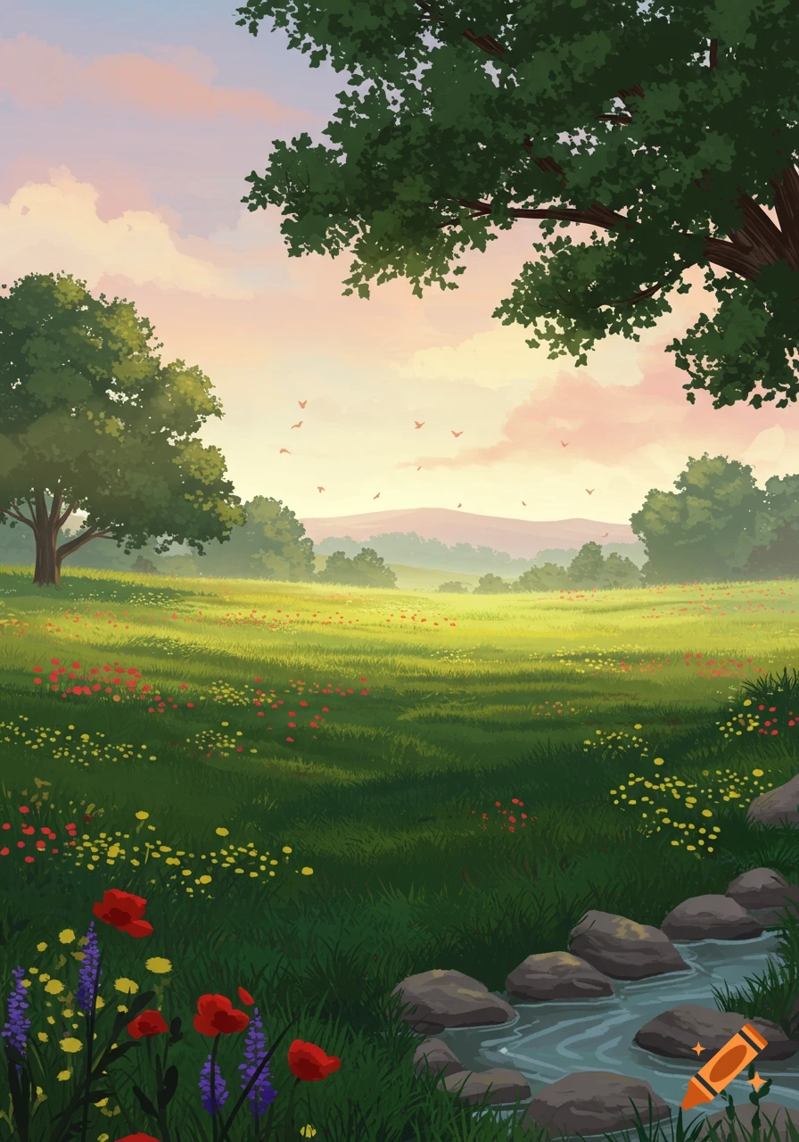 A vibrant illustrative landscape with green hills, wildflowers, trees, a stream, and a colorful sky at sunrise or sunset.