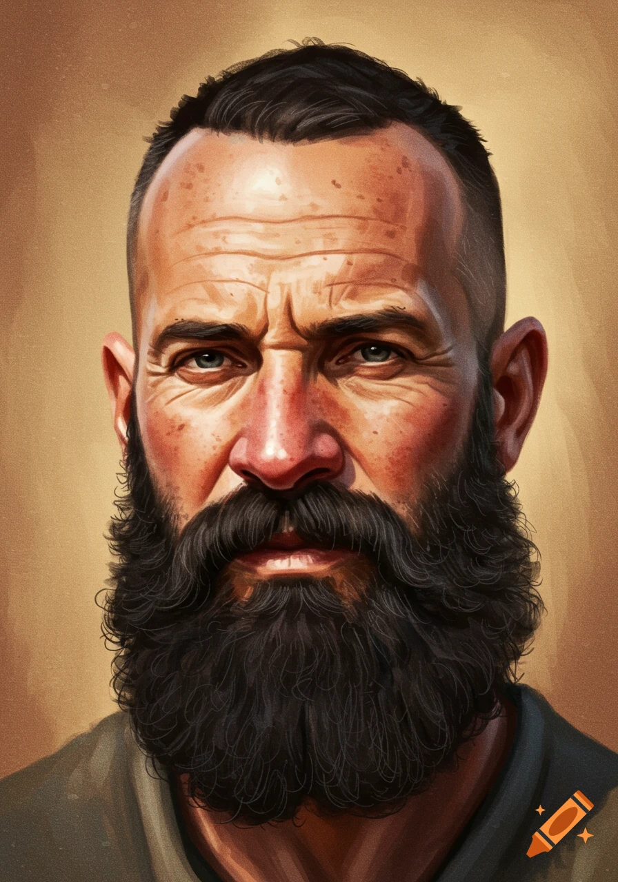 Close-up illustration of a man with a thick black beard, short hair with a fade, pronounced wrinkles, and a reddish nose.