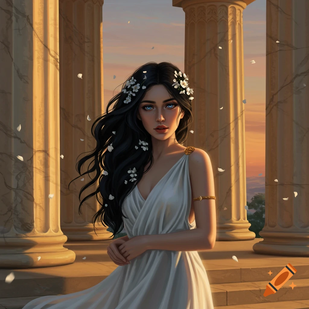 Digital painting of a beautiful woman with long black hair and blue eyes, wearing a white Greek dress, standing between ancient columns at sunset.