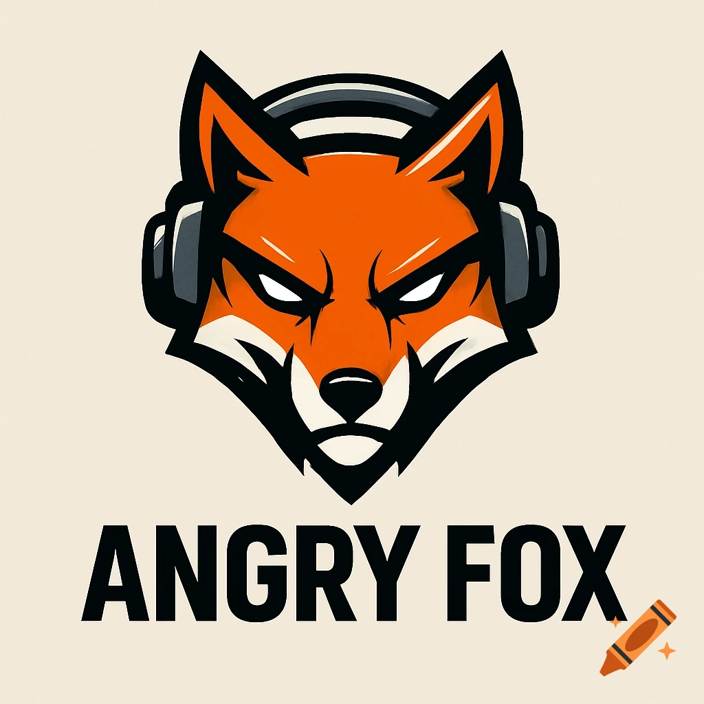A vibrant orange and black angry fox mascot logo wearing headphones, with the words ANGRY FOX below.