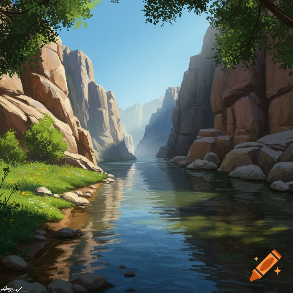 Illustrative painting of a serene river flowing through a sunny canyon with rocky cliffs and lush green banks.