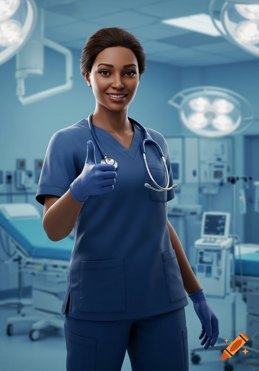 A smiling nurse in blue scrubs and gloves gives a thumbs-up in a brightly lit operating room, 3D render.