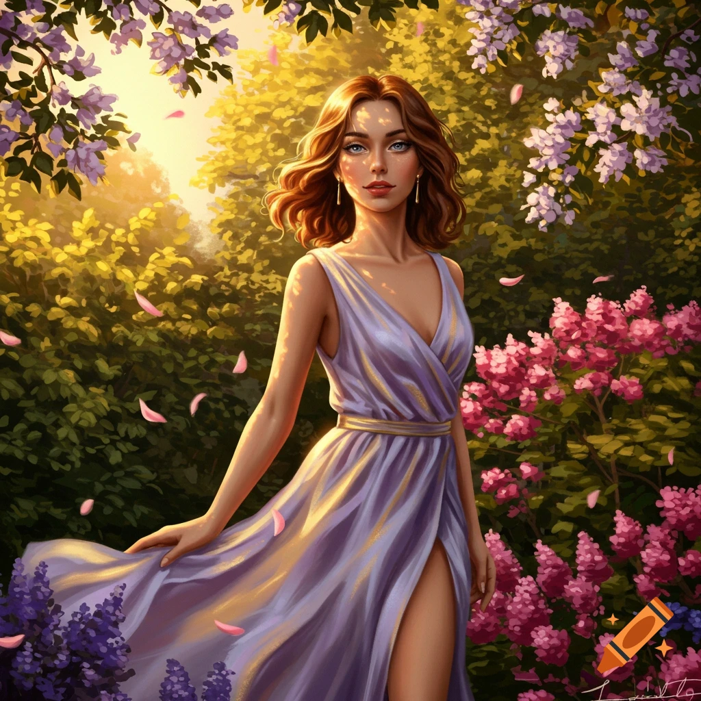 A beautiful woman in a flowing purple dress stands in a vibrant sunlit garden with pink and purple flowers and falling petals.