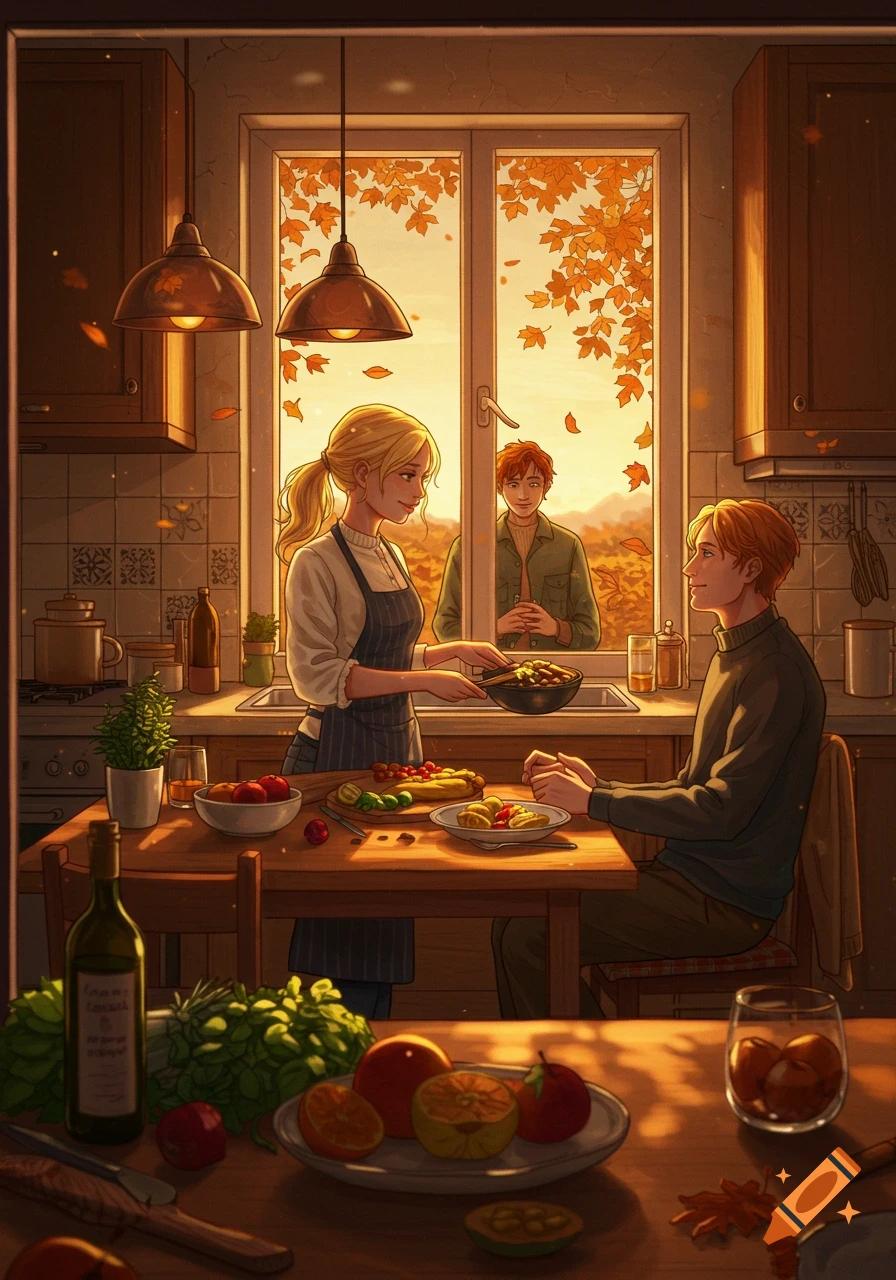 An illustrative image of a blonde woman cooking in a warm autumn kitchen with two men present, one at the table and one outside the window.