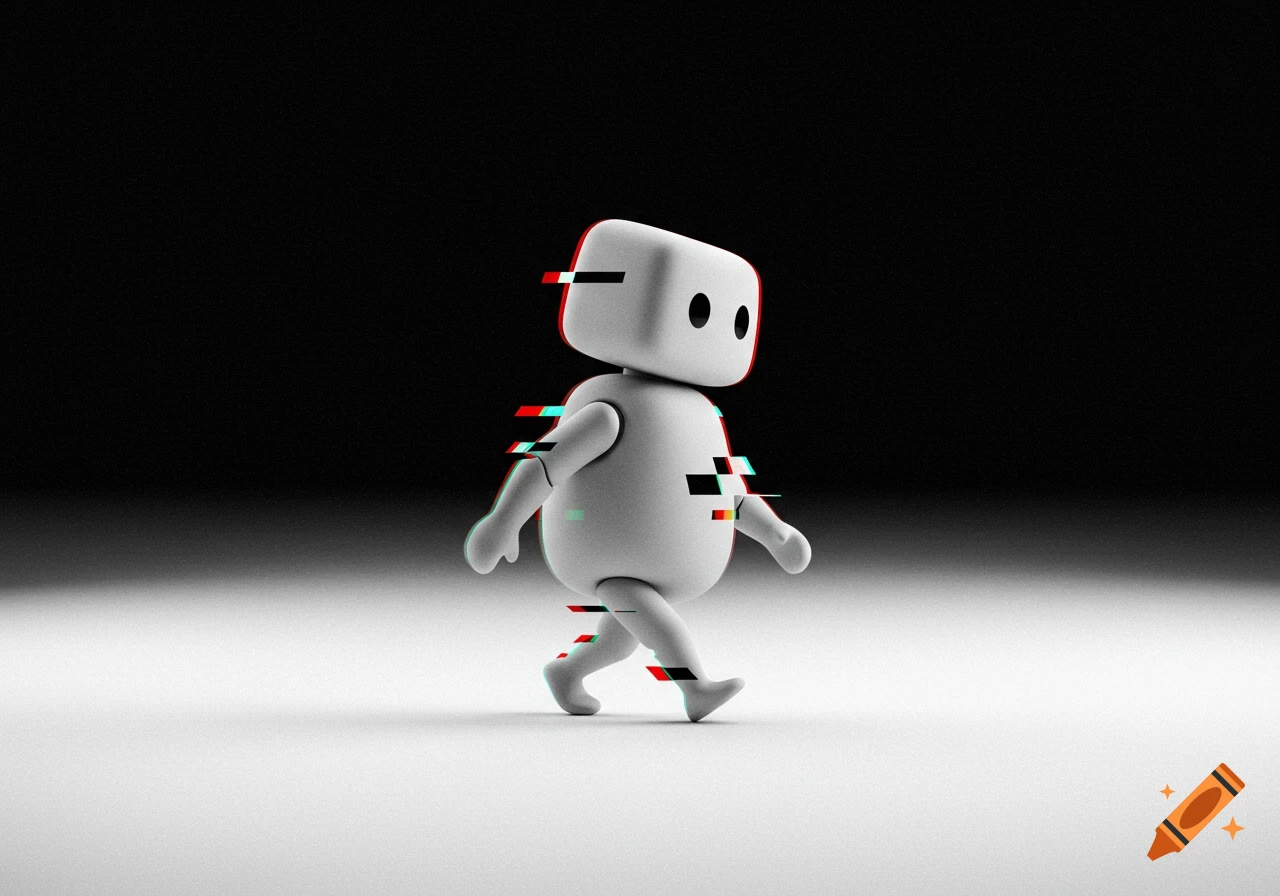 A minimalist white robot-like figure with glitch effects walks on a white surface against a black background.