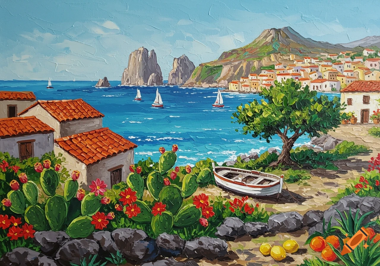 Vibrant palette knife painting of a Mediterranean coastal village with rustic houses, prickly pear cacti, lemons, and a boat overlooking a blue sea with rock formations.
