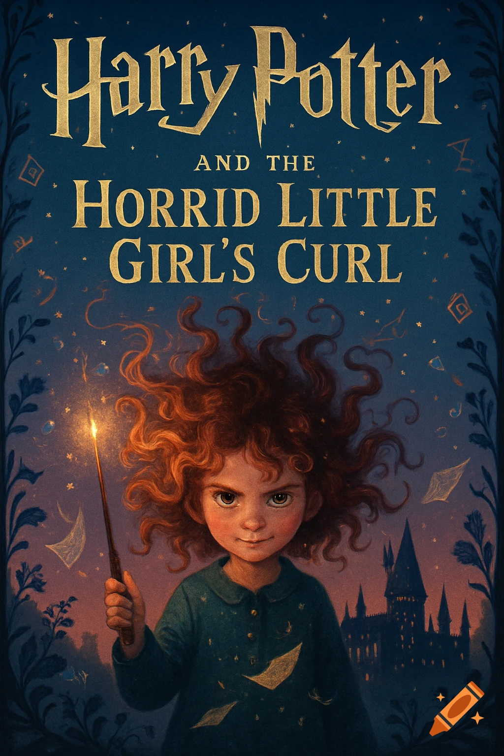 Book cover illustration: a curly-haired girl holds a glowing wand, Hogwarts in background. Title: 'Harry Potter and the Horrid Little Girl's Curl'.
