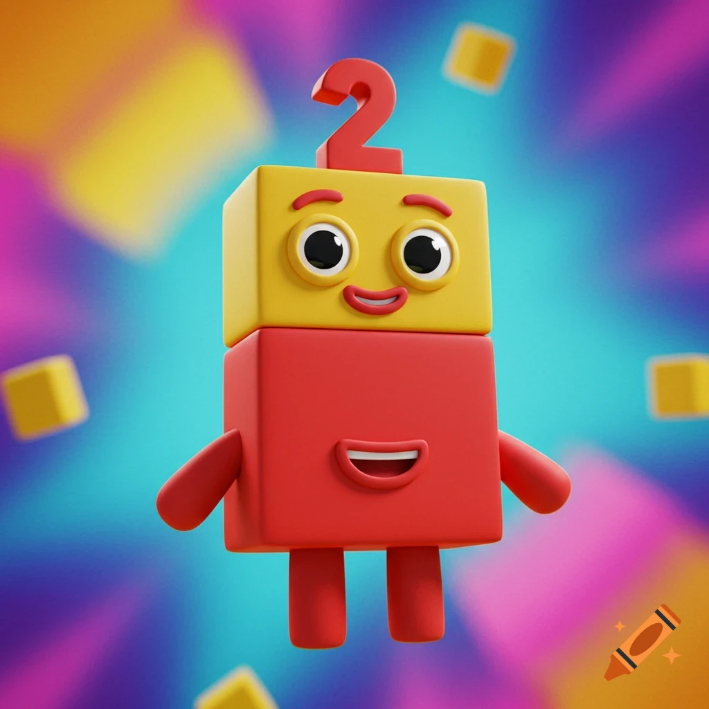 A stylized red and yellow block character with a red number 2 on its head, floating against a colorful blurred background with yellow blocks.