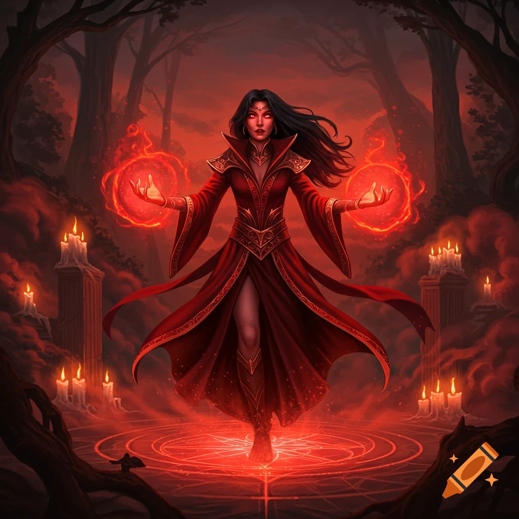 A dark sorceress in a red robe conjures glowing red magic in a mystical, red-lit forest with candles and a ritual circle.