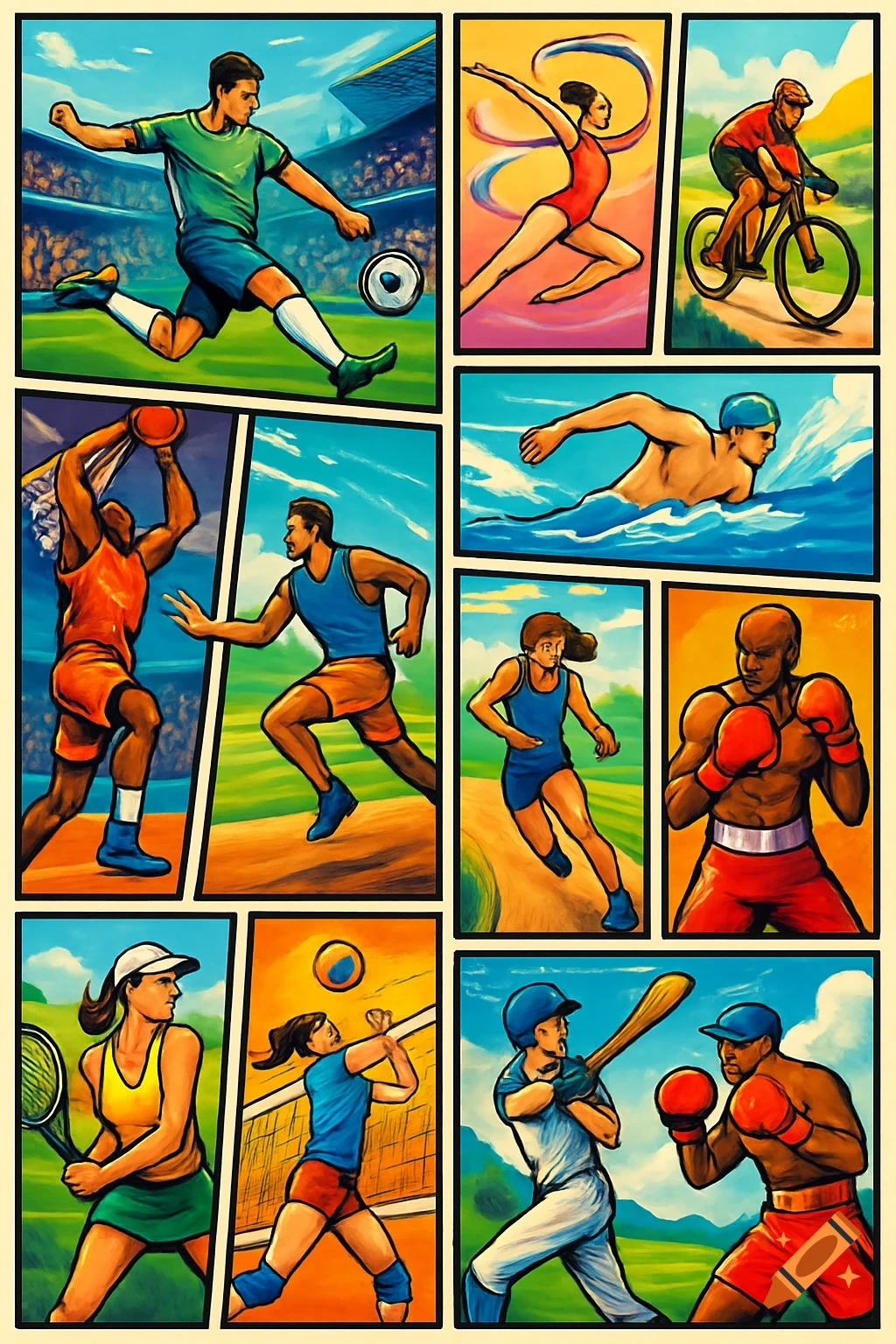 A multi-panel comic art illustration depicting various athletes engaged in different sports like soccer, gymnastics, cycling, basketball, running, swimming, boxing, tennis, baseball, and volleyball.