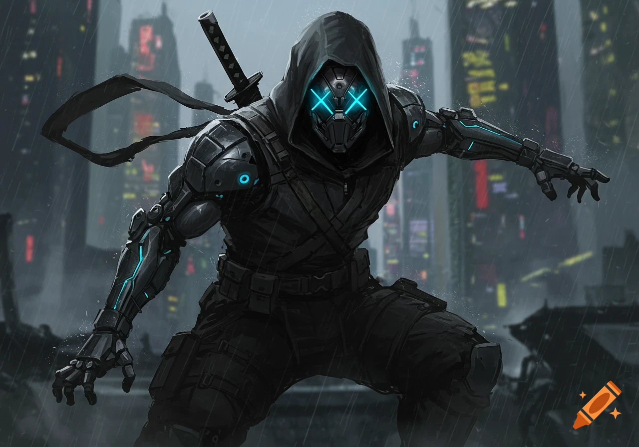 Cyborg ninja with glowing blue X eyes and katana in a dark, rainy cyberpunk city, Yoji Shinkawa style.