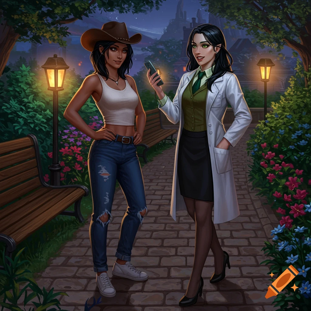 A woman in a cowboy hat and ripped jeans talks to a woman in a lab coat and skirt in a park at dusk.