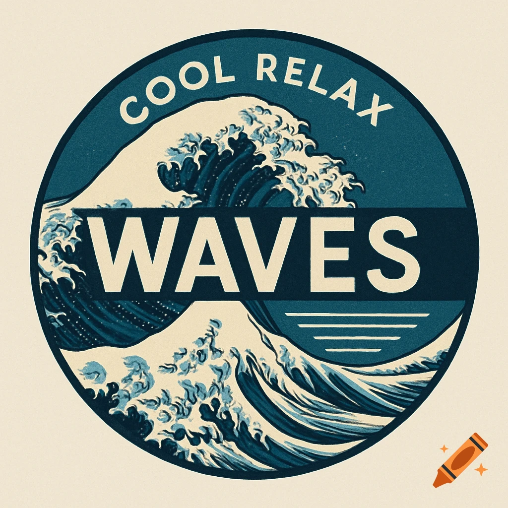 Round blue and cream logo featuring stylized waves, with "WAVES" in the center and "COOL RELAX" above in an arc.