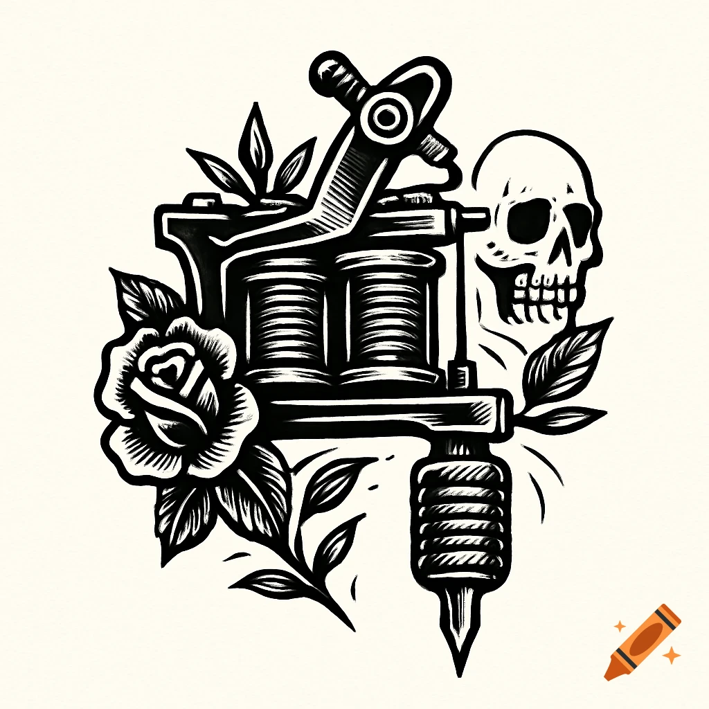 Black and white illustration of a tattoo machine, a skull, a rose, and leaves in traditional tattoo style.
